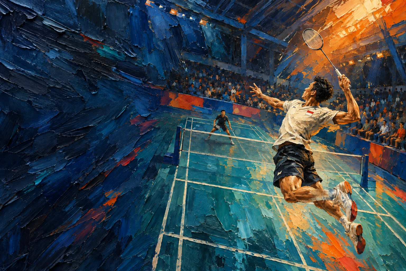 Lukisan pemain badminton melompat melakukan smash dengan raket ramping di lapangan indoor.
